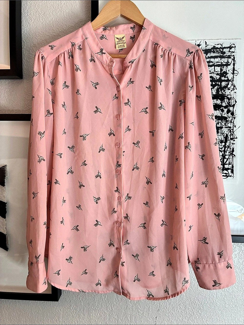 Faded Glory Floral Button Down Hummingbird Blouse Pink L